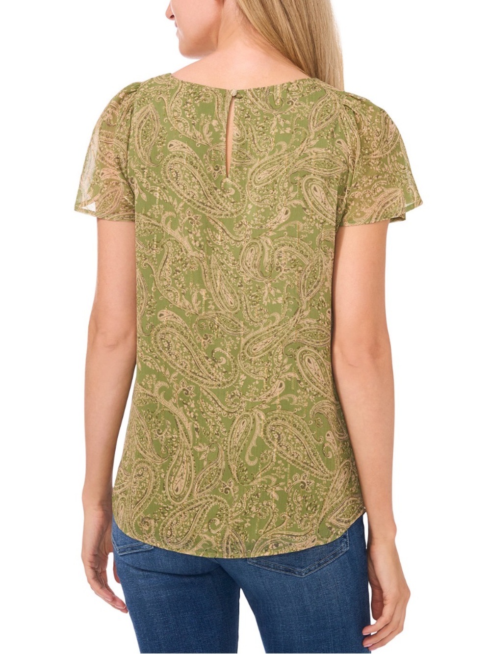NWT CeCe Sz XL Women’s Green Glitter Flutter Sleeve Crewneck Blouse Top Ret $69! - Picture 2 of 16